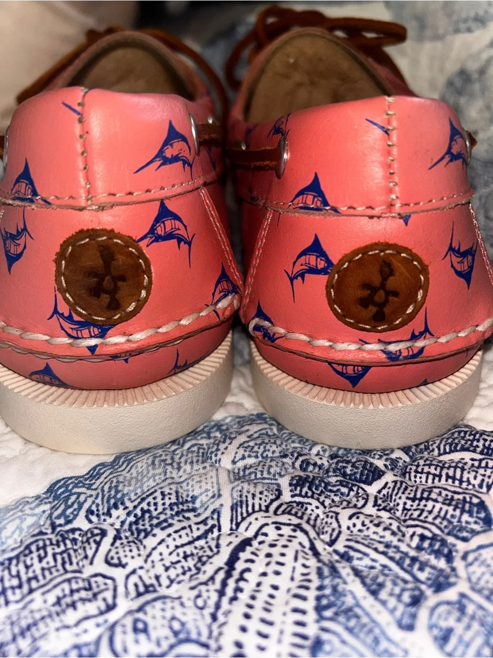 Froats coral with blue sailfish Printed Leather Boat Loafers with Brown Laces